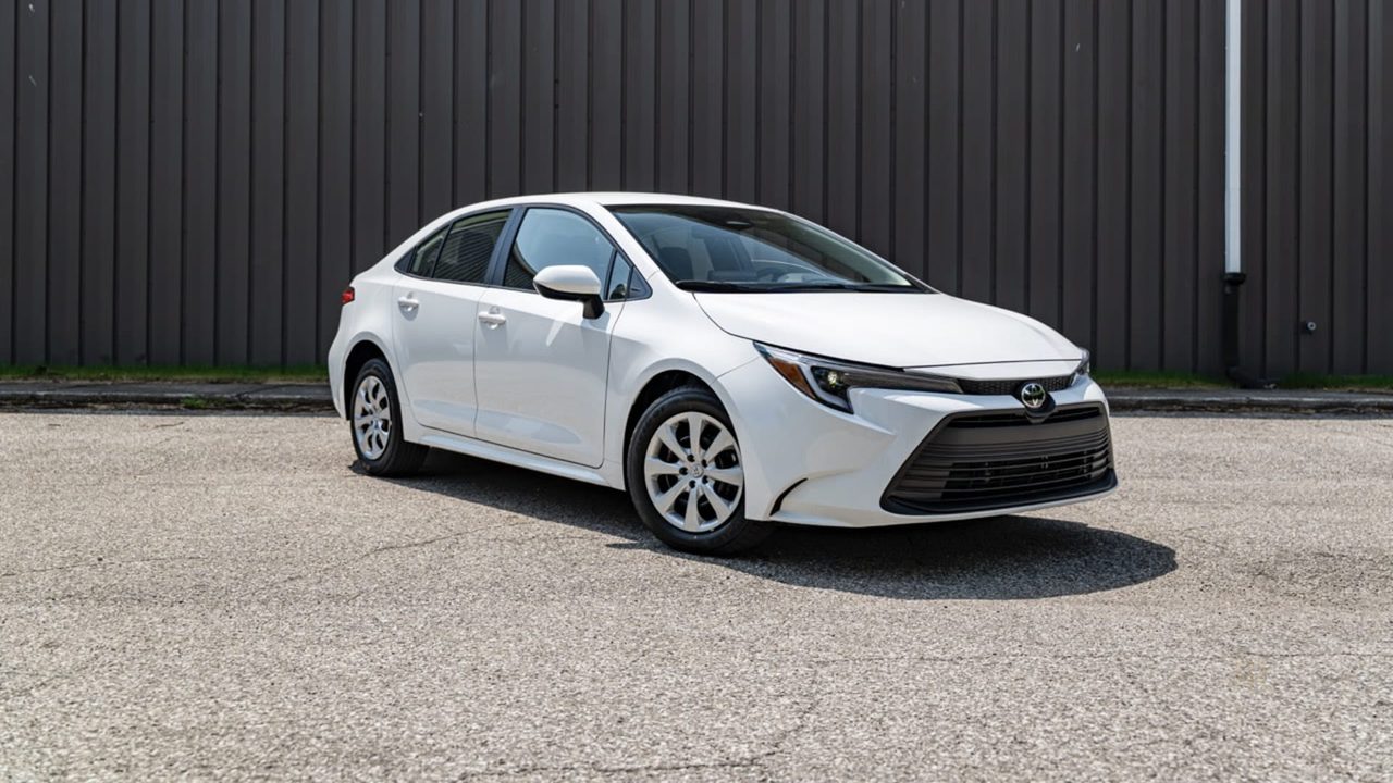 A white Toyota Corolla parked outdoors in daylight, washed and ready to be handed over.